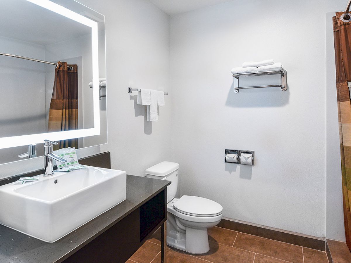 A clean, modern bathroom with a sink, mirror, toilet, towel rack, and shower curtain on the right side, with white and brown tones.